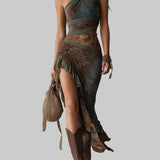 Elena – Vestido Maxi Asimétrico con Motivo Étnico