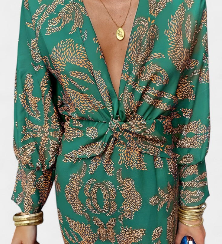 Ema - Maxi Vestido con Escote en V y Nudo Frontal