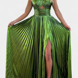 Vestido Branimira Maxi Metálico con Escote en V y Abertura