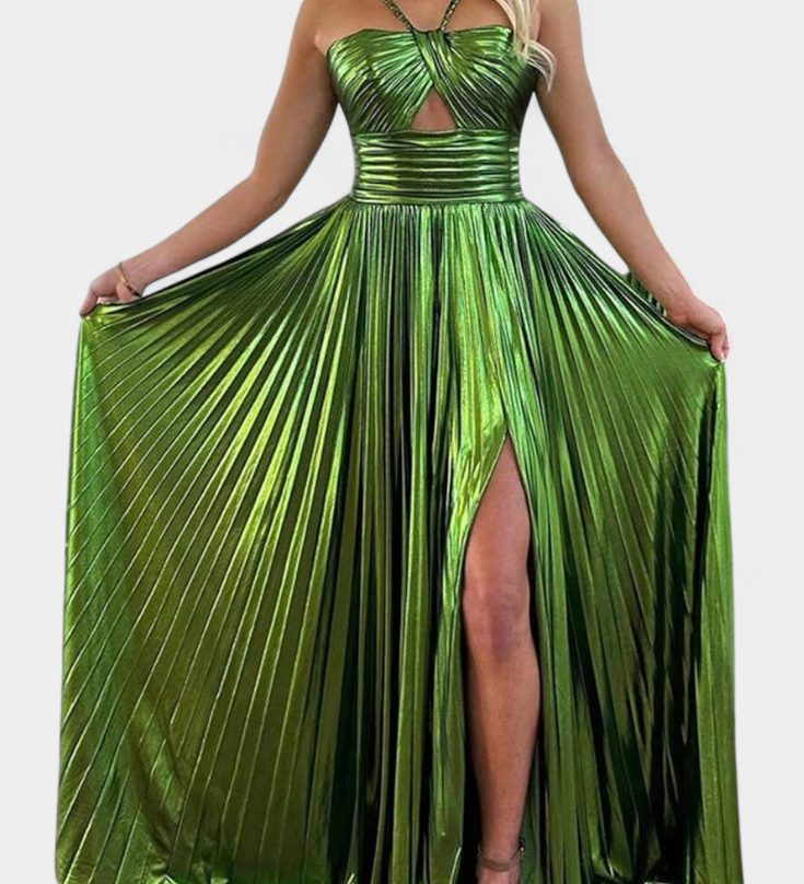 Vestido Branimira Maxi Metálico con Escote en V y Abertura