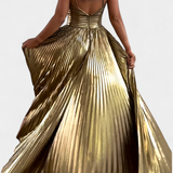 Vestido Branimira Maxi Metálico con Escote en V y Abertura