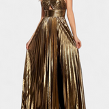 Vestido Branimira Maxi Metálico con Escote en V y Abertura