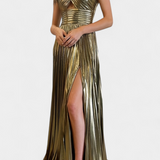 Vestido Branimira Maxi Metálico con Escote en V y Abertura