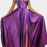 Vestido Branimira Maxi Metálico con Escote en V y Abertura