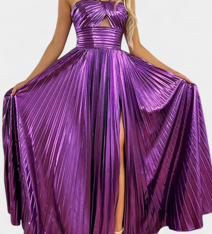 Vestido Branimira Maxi Metálico con Escote en V y Abertura
