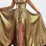 Vestido Branimira Maxi Metálico con Escote en V y Abertura