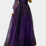 Vestido Maxi Natalija en Chiffon con Hombros Descubiertos y Rosa Voluminoso