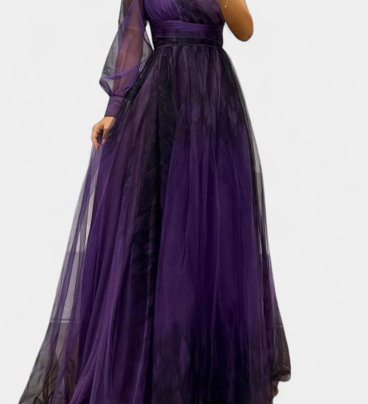 Vestido Maxi Natalija en Chiffon con Hombros Descubiertos y Rosa Voluminoso
