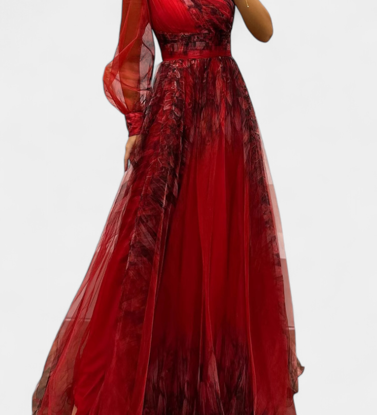 Vestido Maxi Natalija en Chiffon con Hombros Descubiertos y Rosa Voluminoso