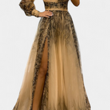 Vestido Maxi Natalija en Chiffon con Hombros Descubiertos y Rosa Voluminoso