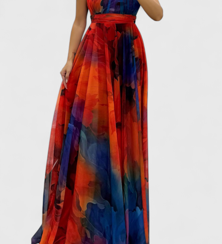 Vestido Maxi Antonija en Chiffon con Motivo Floral y Cuello Halter