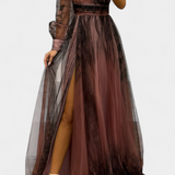 Vestido Maxi Natalija en Chiffon con Hombros Descubiertos y Rosa Voluminoso