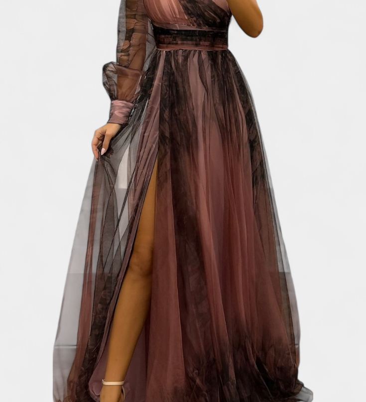 Vestido Maxi Natalija en Chiffon con Hombros Descubiertos y Rosa Voluminoso