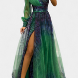 Vestido Maxi Natalija en Chiffon con Hombros Descubiertos y Rosa Voluminoso