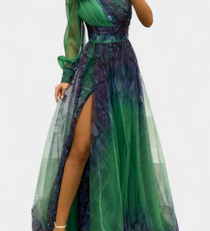 Vestido Maxi Natalija en Chiffon con Hombros Descubiertos y Rosa Voluminoso