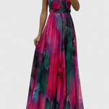 Vestido Maxi Antonija en Chiffon con Motivo Floral y Cuello Halter