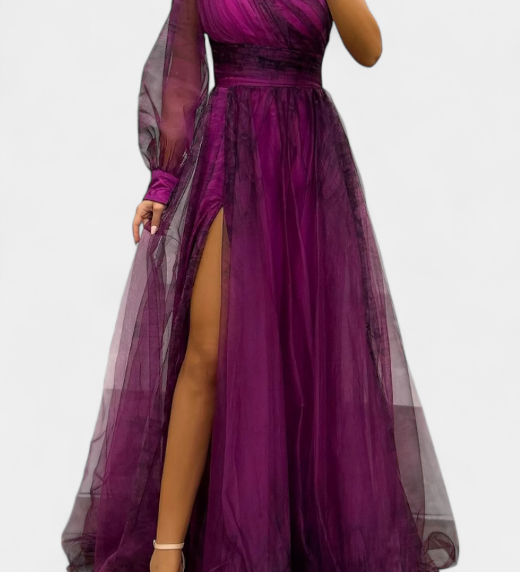 Vestido Maxi Natalija en Chiffon con Hombros Descubiertos y Rosa Voluminoso