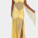 Vestido Milica de Seda de Leche con Escote Profundo y Pliegues Modelados