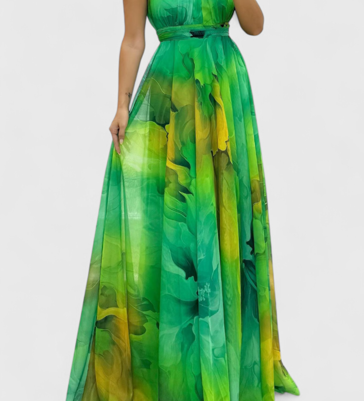 Vestido Maxi Antonija en Chiffon con Motivo Floral y Cuello Halter